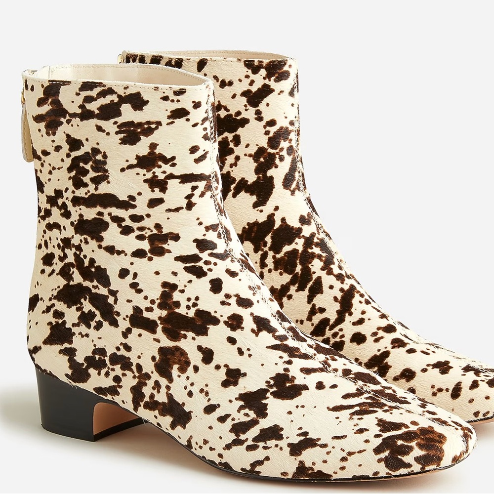 J.Crew Roxie Calf Hair Zip-Back Ankle Boots Spotted Leather Size 9